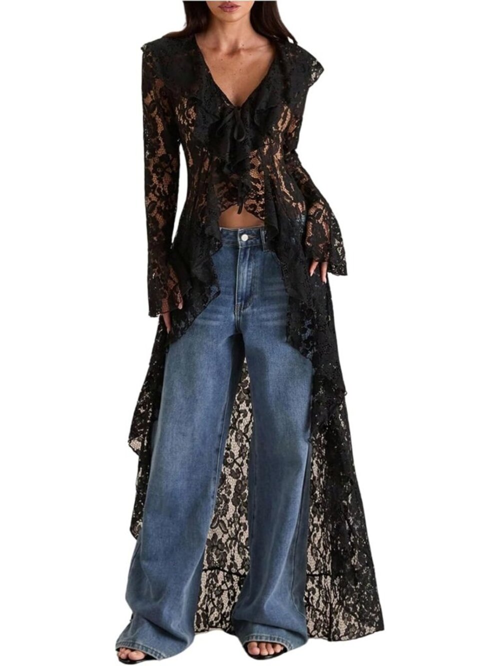 Chic Women's Long Lace Blouse - Mesh Fall Tie V-Neck Ruffle Top for Stylish